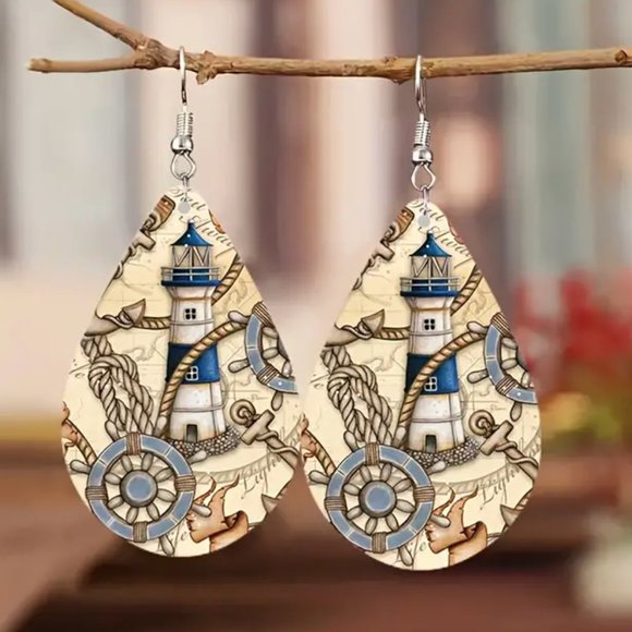 Lighthouse Leather Dangle Earrings with Ships Wheel and Rope Nautical Theme - Picture 1 of 2
